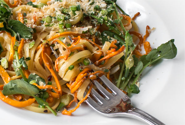 Linguine with Cordyceps, Caramelized Shallots, and Fresh Arugula in a Summery White Wine Sauce